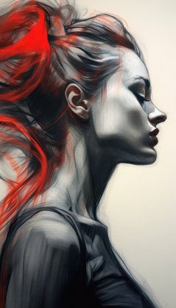 This is an illustration of a beautiful woman with red hair. She is in a closeup view, with her face in profile. She is wearing a black top, and her long, sleek hair is flowing in fine, swirling lines. She looks like she is in motion, and her hair is on fire!の素材