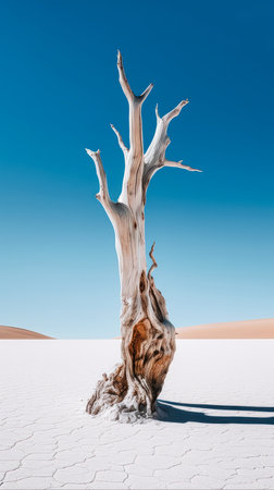 A close tree in the middle of the desert with a blue sky and dead plants. The princess is exposed to the bone with a color green grass melting rivers. The consumer electronics professional is captured by the close tree.の素材