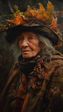 This is a portrait of an old woman who is also a witch. She is wearing a hat made of leaves and is surrounded by a warm light. She is looking down, but her gaze is still intense. This could be a movie still of a Necromancer or Druid from American Gods. The elf-like creature in the background is also interesting.の素材