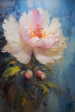 This peony white flower has pink petals and a blue background. The open house magazine peonies are laden with zinc. It's a beautiful sight to behold!の素材