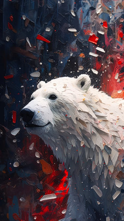 This snow-covered polar bear is surrounded by a flurry of leaves, ice shards, and fractals. The brush strokes in the background give the illusion of movement, making this a perfect poster for nature lovers.の素材