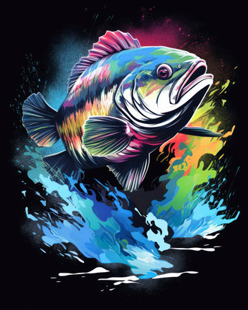 This shirt design is all about largemouth bass fishing! The aggressive fish is shown in a paint splash body with exquisite tones of black, blue, and pink. The deep flaring gills and scaled skin give the fish an amazing color that is perfect for any fishing enthusiast.の素材