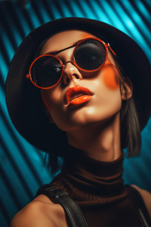 This woman is stylish and confident. She's wearing a hat and sunglasses, and her orange lipstick really makes her stand out. She's happy and her cheekbones look great. The burnt umber pro really brings out the best in her.の素材