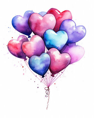 The pink and blue balloons shape a heart, and the hearts are red and purple. The coloring illustration chest is high emote falling love signature well shaded happy ship single.の素材