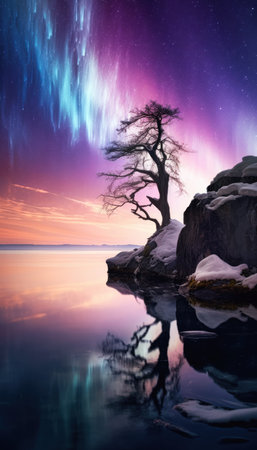 The greatest princess borealis tree rock purple sky lights background jungian symbols winter full reflections split half calming highly top calm sea richly colored white lighting is a stunning and calming sight. The colors are rich and beautiful, and the reflections in the water are simply stunning. It's a peaceful and serene scene that is perfect for anyone looking to relax and unwind.の素材