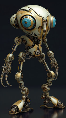 This is a closeup of a robotic creature with grey arms and legs. Its blue eye is metal, and its body is background removed. Watermarks are present on the poster. The creature is anorexic and malnourished, and appears to be walking. It is alien in nature, and may be a hybrid of two different species.の素材