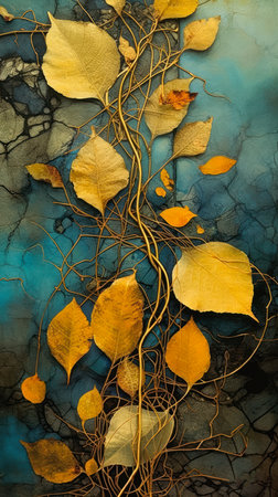 A closeup of a gold and blue background reveals a tree with yellow leaves and dried vines. Petals and interconnections diagrams are lighting up an aquatic scene. Falling withered leaves complete the picture.の素材