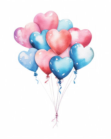 The pink and blue balloons shape a heart, and the painted hearts are highlights of the store. The designs are being delighted and the space is cheerful and floating.の素材