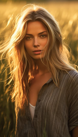 Portrait of a beautiful young woman in a wheat field at sunset., generative aiの素材
