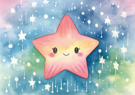 star smile face color illustration cute city harding appearing background fighting born big starfish gentle looking upward pink skin please best starry, generative aiの素材