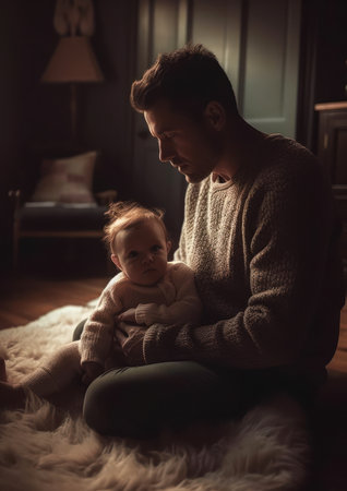 man holding baby arms while sitting rug princess portrait talented lumen growth couple brown pants dreamy scene colt full angels pig, generative aiの素材