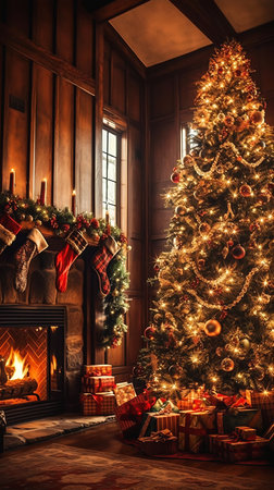 Christmas tree with presents and fireplace in the cozy living room at home, generative aiの素材