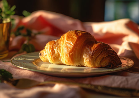 croissant plate table dawn background set against noise grain mouth simple pleasant italian ratio young draped drapes beveled edges, generative aiの素材