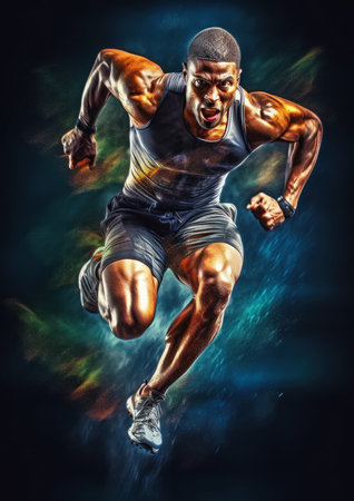 man running air arms spread out illustration black muscled extreme face body portrait recovering pain people bright light, generative aiの素材