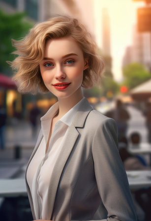 Portrait of a beautiful blonde woman in a beige suit on the street, generative aiの素材