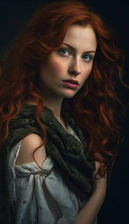 Portrait of a beautiful young woman with red hair and green scarf., generative aiの素材