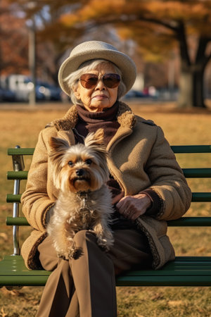 woman sitting bench dog lap fashion model sunglasses consumer electronics look elderly person still movie profile cute street extremely lifelike favorite friend looking distance asian, generative aiの素材
