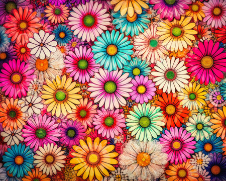 cute flowers arranged pattern magazine background daisies morals texture bright macro view, generative aiの素材