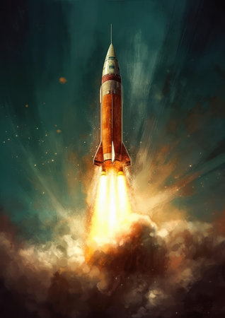 speed closeup rocket taking off sky marketing illustration orange advance civilization icon flares listing artistic depiction, generative aiの素材
