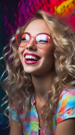 color closeup woman glasses tie dye shirt laugh lines lenses eyes young blonde studio raver girl clothes sweet bunny vivid vintage coloring, generative aiの素材