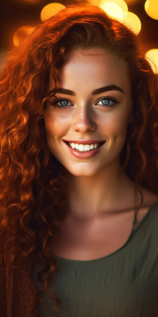 closeup woman long red hair smiling female short curly portrait brown blond face gorgeous paladin clear lone irish shown, generative aiの素材