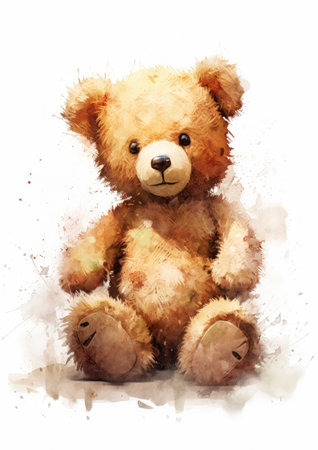 background teddy bear sitting white surface illustration portrait effect child heavy two tone shading full body mottling coloring painted anomalous object signature, generative aiの素材