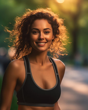 closeup woman sports bra top smiling fair curly hair street figure backlit face body hybrid strong features bushy brown radiate connection, generative aiの素材