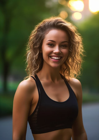 woman black sports bra top standing park curly blonde hair portrait smiling short app left align content goddess beauty tall forehead playbill cute face grinning lasciviously city, generative aiの素材