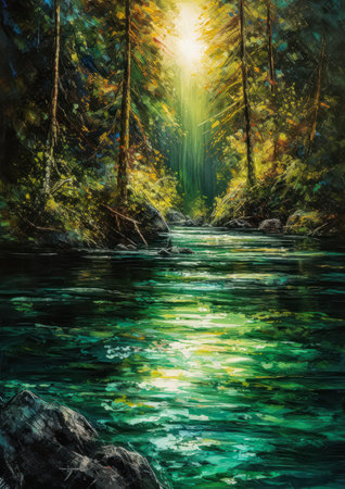 river woods trees rocks evokes delight standing shallow pacific northwest coast midday sun toward rays caustics brush british columbia searchlight, generative aiの素材