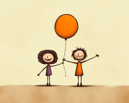 figures cartoon two children holding hands balloon sacral chakra childhood friend grey orange colors rules proportion happy banner connected sisters being great burnt small stature, generative aiの素材