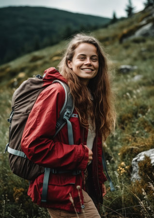 woman backpack standing field grass cute smile girl alps young urban explorer body features face camping woods pilgrim youth womans, generative aiの素材