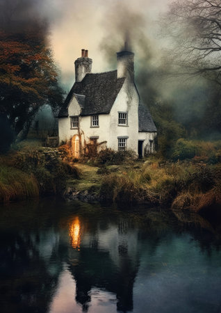 hype closeup house near body deep illustration fires glow lonely river running past cottage scottish exteriors haze greenish lighting camp half blood gentle mists, generative aiの素材