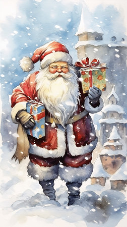 Santa Claus on the street with gifts in his hands. Christmas illustration., generative aiの素材