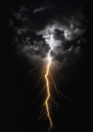 Lightning in the dark, thunderstorm, lightning strike on black background, generative aiの素材