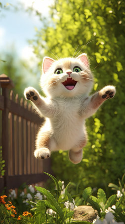 kitty cat kitten jumping air cinema face fence promotional sid evokes feelings joy jump comics fluffy ready fly liberation swift silly cartoon tracers, generative aiの素材