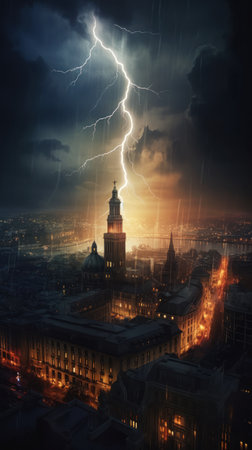 lightning strikes city night clock tower movies justice monsoon, generative aiの素材