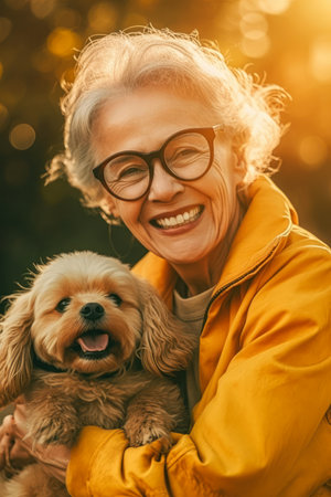 woman glasses holding dog arms teeth expressive happy smug expression age lines compass energy flowing protect creating soft, generative aiの素材