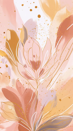 flower gold pink color lotuses abstract pale orange line brush floating perfume loosely cropped wall mural tulip caramel shakti gloss, generative aiの素材