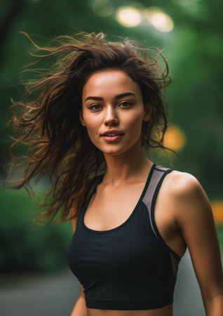 woman long hair black top pants perfect face template sports bra consumer electronics curly middle part haircut windswept mixture turkish russian girl running hurley, generative aiの素材