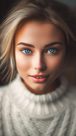 Portrait of a beautiful young woman with blue eyes in a white sweater., generative aiの素材