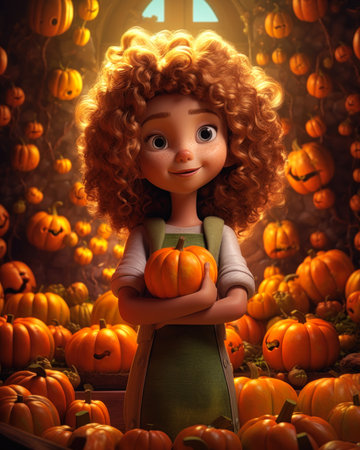 closeup person holding pumpkin field pumpkins long brown puffy curly hair cute young girl theatrical lets dangerous halos idol movie, generative aiの素材