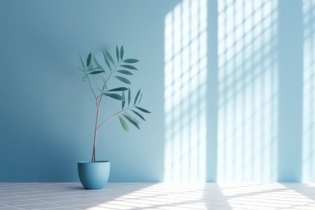 minim closeup plant blue pot tiled floor dreamy light color single tree empty room black walls ratio prison background sunny day calm serene relaxed sparse loss, generative aiの素材