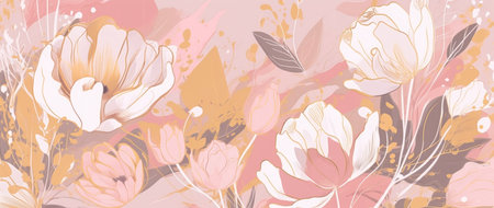 closeup flowers pink background grey gold color panel tulips old scroll black, generative aiの素材