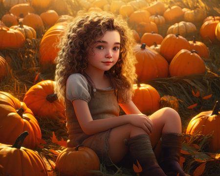 Beautiful girl with curly hair in a pumpkin field at sunset., generative aiの素材