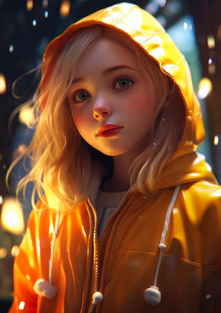 closeup young girl wearing yellow jacket snow glow humanized rainy fairy look ultra blonde princess lighting visual woman love one, generative aiの素材