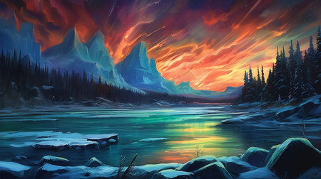 mountain river sky mind bending ice fire tundra incredibly oil vibrance scheme fiery palette, generative aiの素材