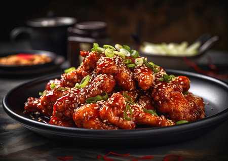 chicken closeup plate food meat vegetables fiery wings promotional shows large profile luscious sesame seeds direct glaze great advertisement ginger red dish panda rock, generative aiの素材