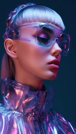 closeup woman wearing jacket sunglasses concept design fashion transparent glass mask synchromism avatar blond hair school girl terminals, generative aiの素材