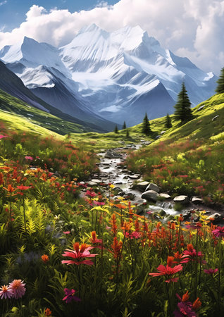 mountain stream running wildflowers lofty heavens snow scene green grass color, generative aiの素材