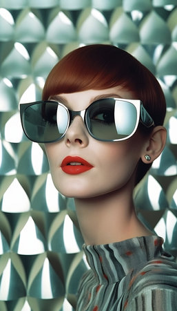 back woman red hair wearing sunglasses striped shirt luxury campaign super portrait talented thick lips pixie cut movie awnings studio reflective lens, generative aiの素材